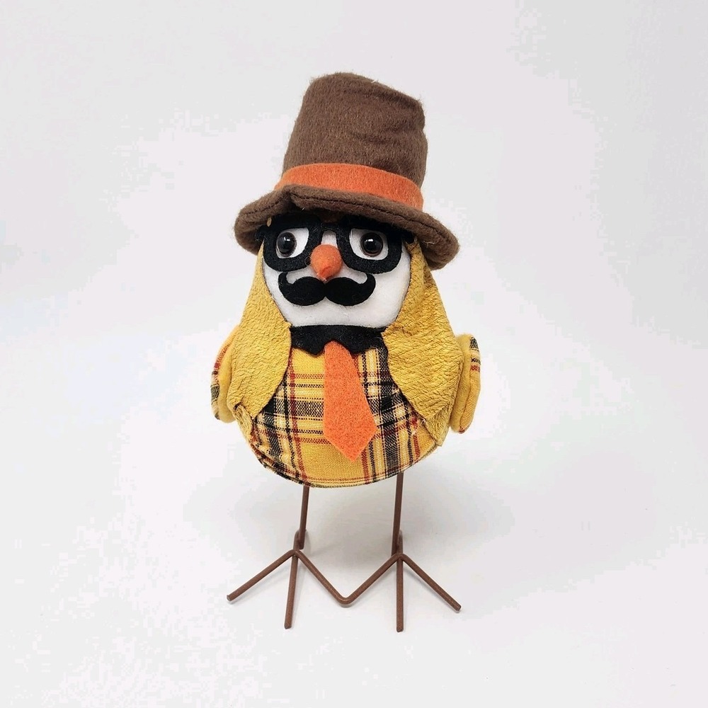 Thanksgiving Fall Harvest Felt Bird With Tie Glasses Mustache Plaid Decor 8"